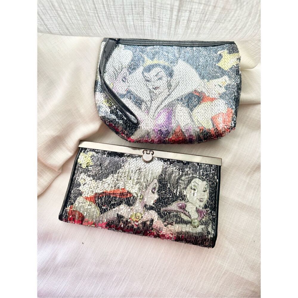 disney art of villains designer sequin makeup bag & wallet